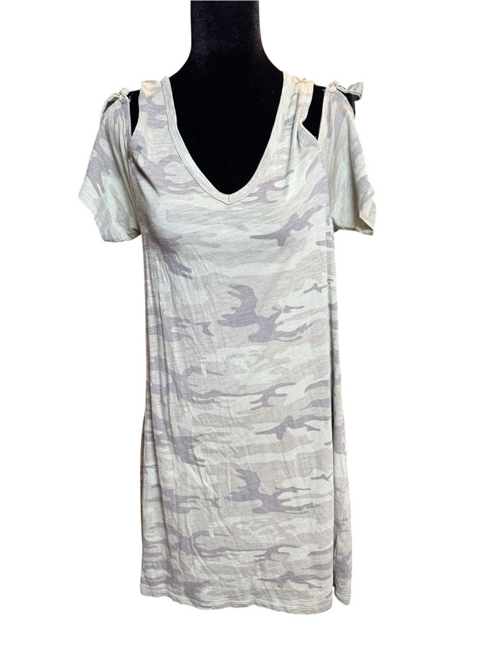 Sanctuary Womens‎ Camo Cold Shoulder Tie Sleeve V-Neck T-Shirt Dress Green Small